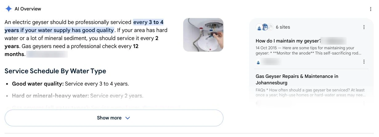Google AI Overview answering how often to service a geyser, with a source panel listing the websites it cites