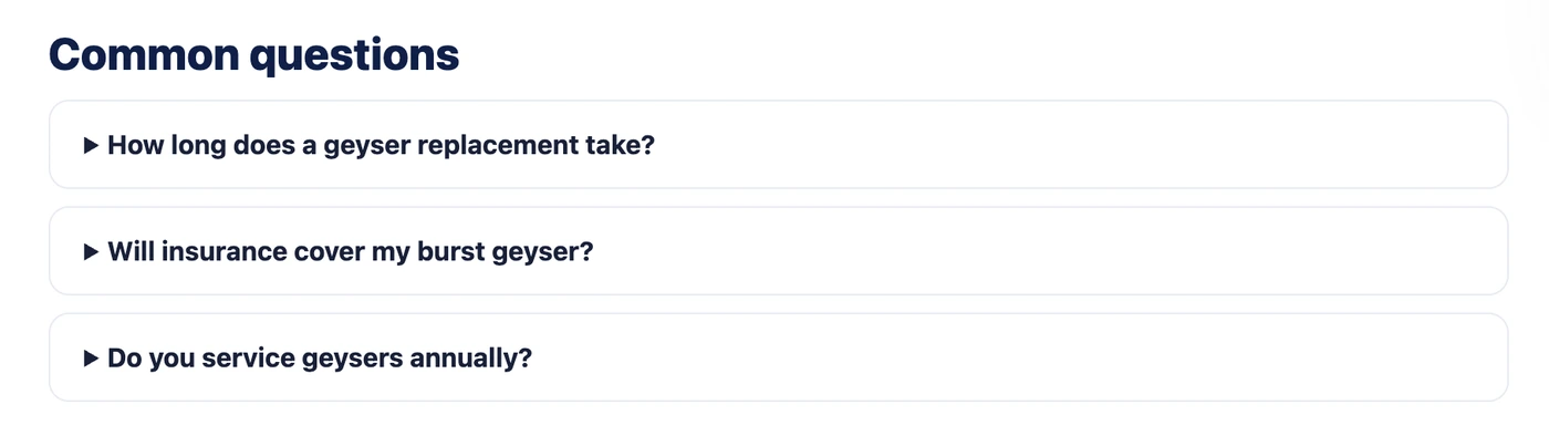 A website FAQ section headed Common questions, with three collapsed geyser questions a visitor can open to read answers